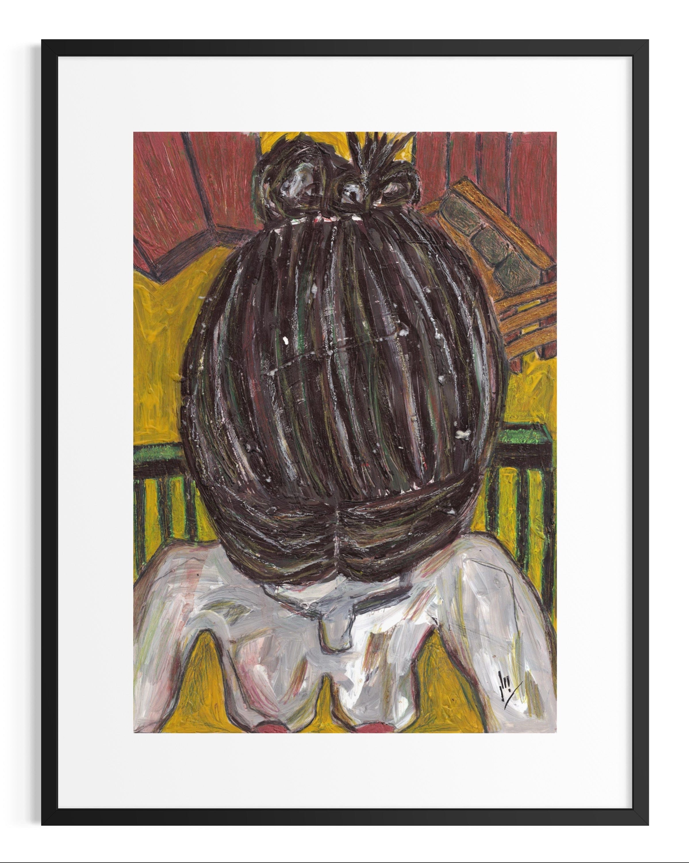 Framed artwork of a large brown object on a colorful background